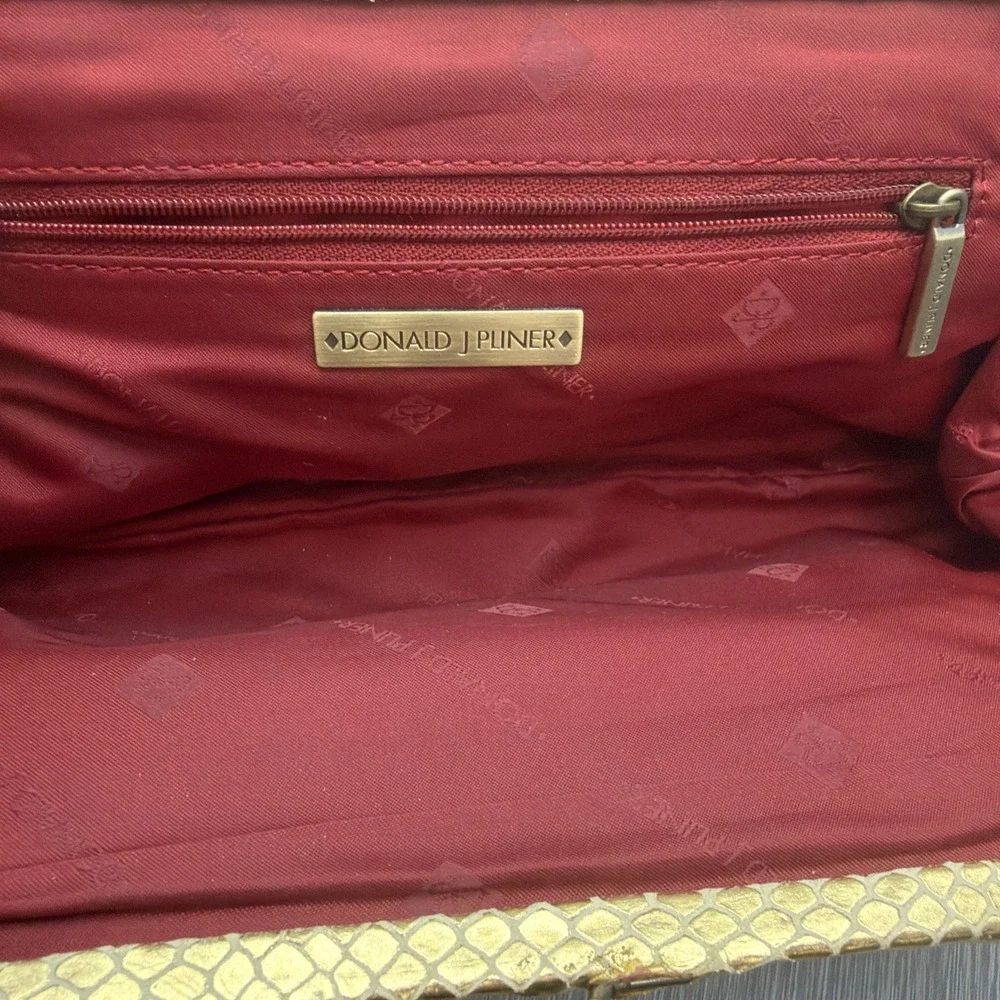 Donald J Pliner Gold‎ Metallic Clutch Bag Snakeskin Beaded Handle Evening